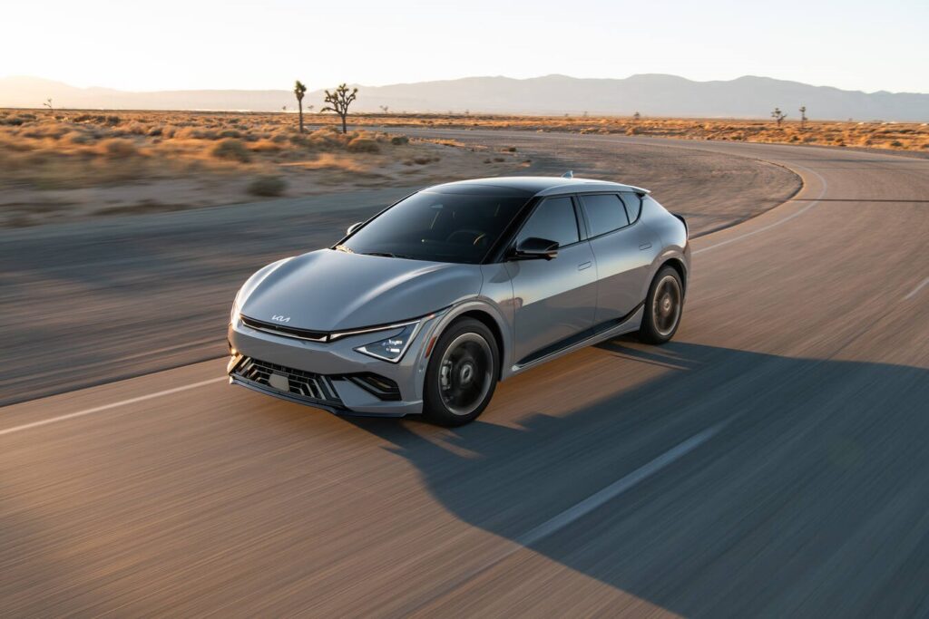 2025 Kia EV six speeding through the desert