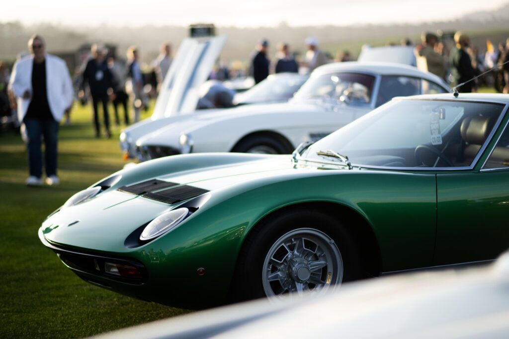 Classic Lamborghini's shown on the lawn at the pebble Beach golf links during Monterey car week