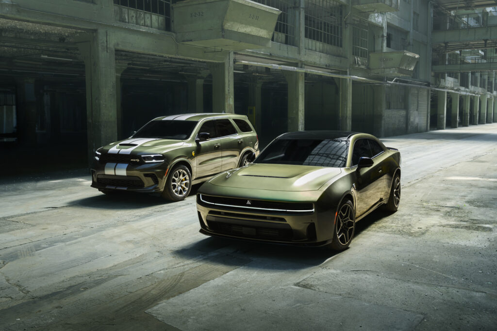 2026 Dodge Durango SRT Hellcat Jailbreak and SIXPACK-powered 2026 Dodge Charger Scat Pack Plus, both in Green Machine exterior color.