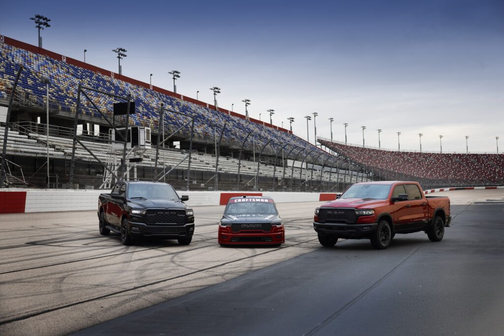 Ram Trucks lined up on NASCAR track