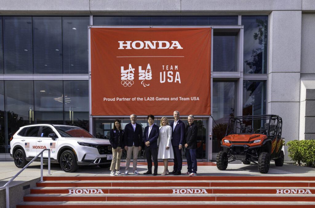 Vehicles outside Honda headquarters in Torrance, California and staff of the Olympic LA 28 contingent