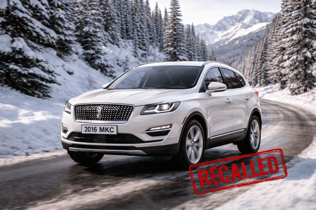 Recalled 2016 Lincoln MKC driving through a snowy mountain road