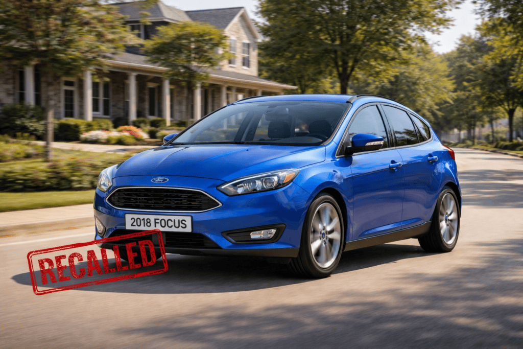 Recalled 2018 Ford Focus driving through a neighboorhood