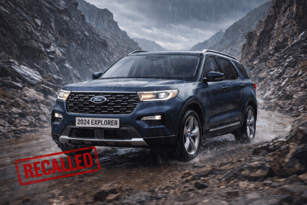 Recalled 2024 Ford Explorer driving through a rocky terrain