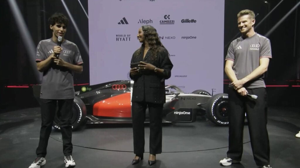 Gabriel Bortoleto and Nico Hülkenberg at the 2026 Launch of the 2026 Audi Revolut R26 speaking about the upcoming season and what it means to them