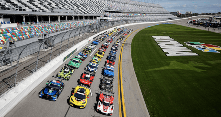 The 2026 Rolex 24hr Daytona Field of racecars lined up along the start finish line