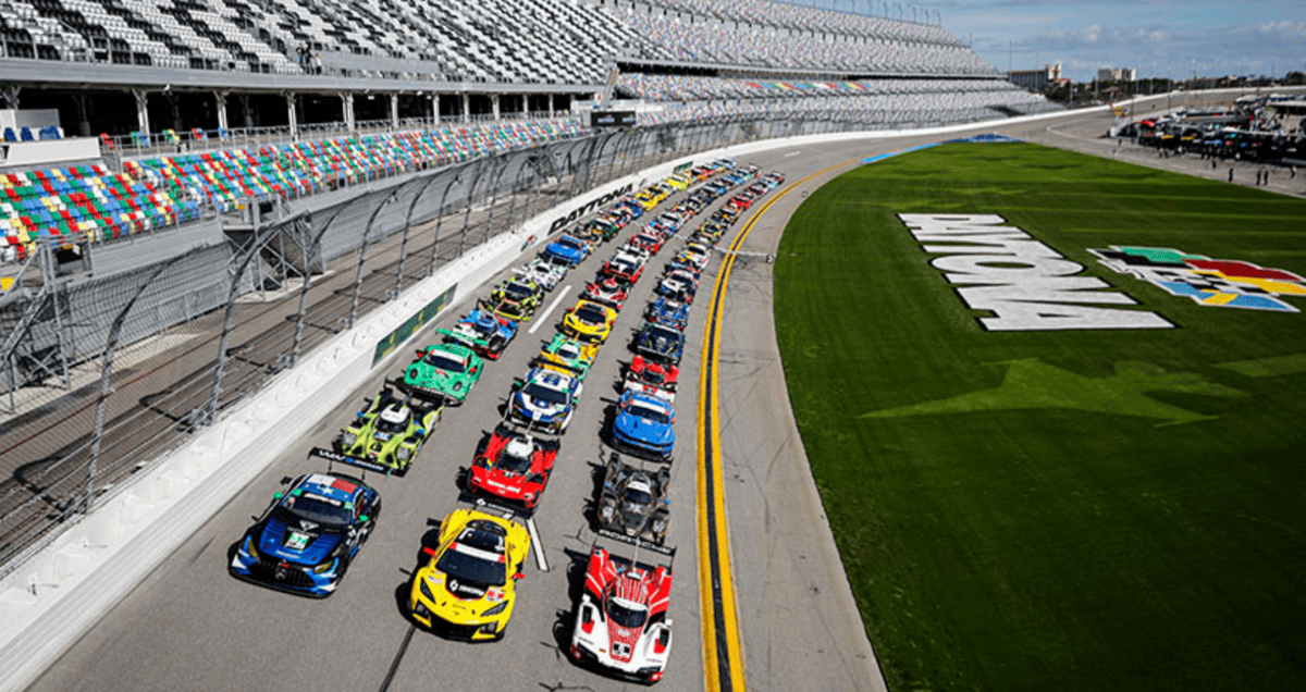 The 2026 Rolex 24hr Daytona Field of racecars lined up along the start finish line