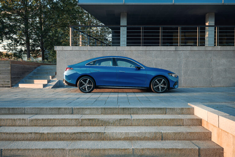 Mercedes-Benz CLA 250+ with EQ Technology | Energy consumption combined: 14.1 – 12.2 kWh/100 km | CO2 emissions combined: 0g/km | CO2 class: A Clear Blue metallic / ARTICO man-made leather / MICROCUT black / clean white
