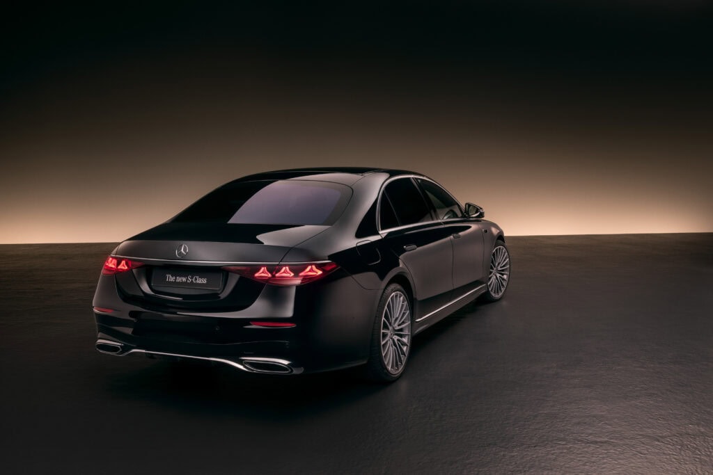 2027 Mercedes-Benz S-Class shown from the side and rear in a studio environment