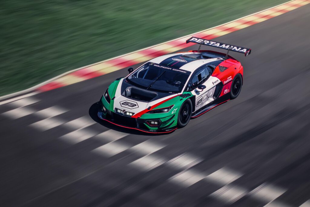 The Lamborghini Temerario GT3 crossing a finish line at a racetrack