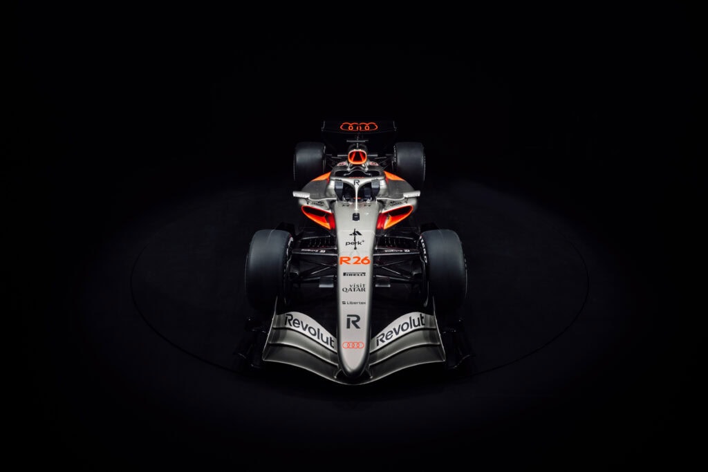 The 2026 Audi Revolut F1 Team R26 Livery from an angle looking directly at the nose