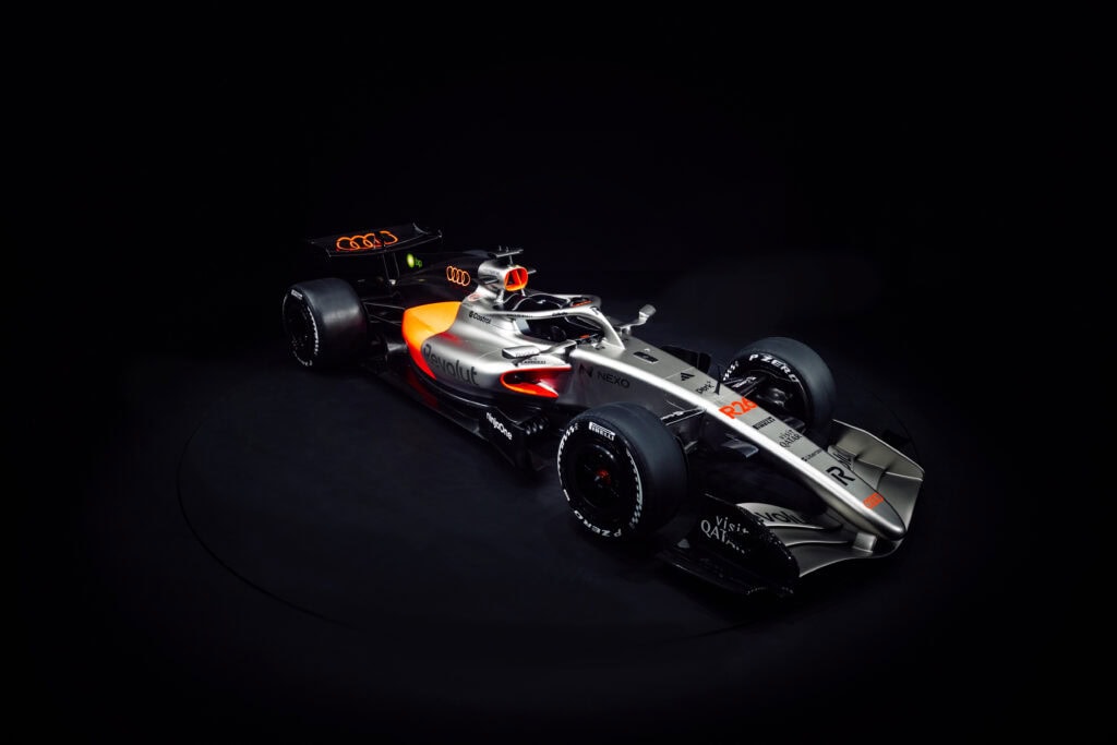 2026 Audi Revolut F1 Team R26 Livery from a front three quarter view looking ove the top of it