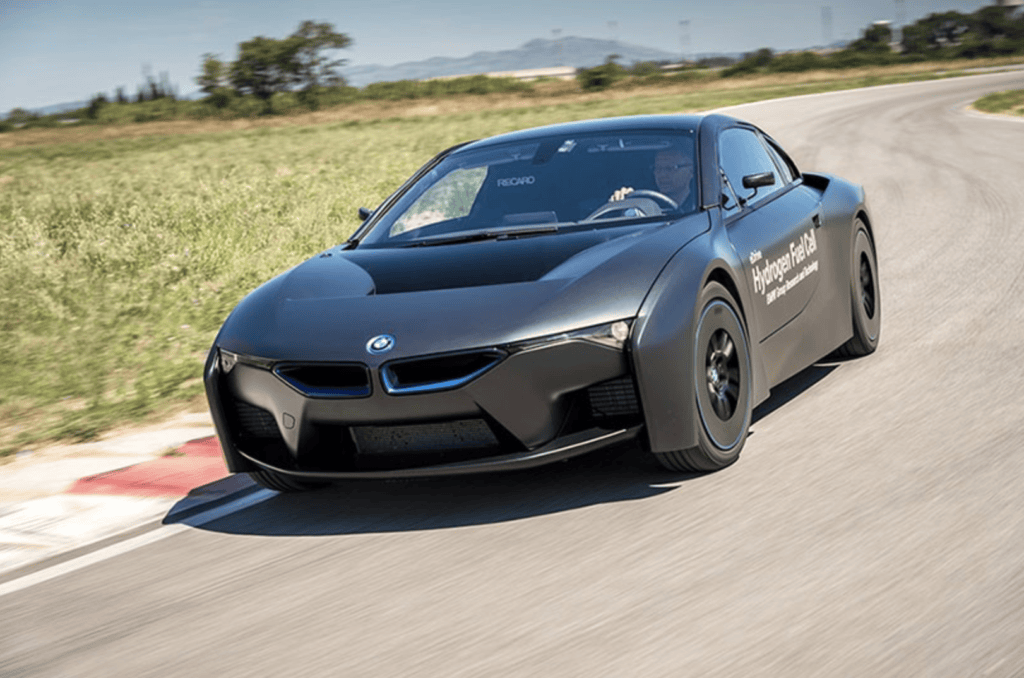 BMW i8 Hydrogen Concept Vehicle driving on a racetrack
