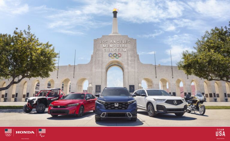 Honda vehicles in front of the Olympic stadium in Los Angeles