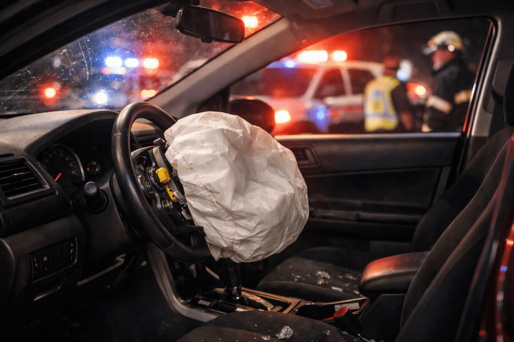 Airbag that has been deployed in a car