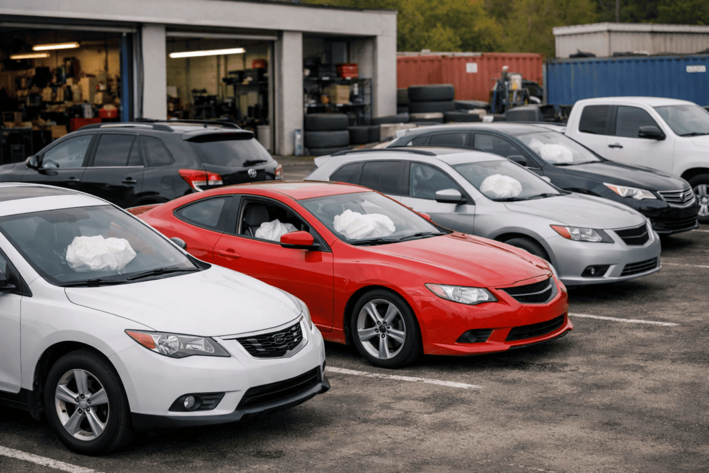 Cars at a mechanics shop that are waiting to be repaired after their airbags have deployed