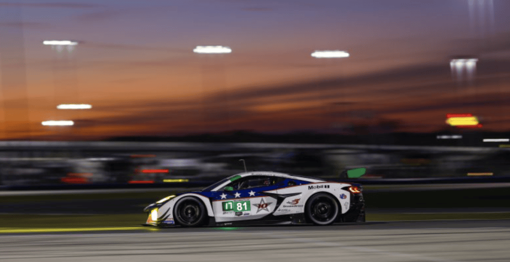 The No. 81 DragonSpeed Corvette of Henrik Hedman, Giacomo Altoe, Casper Stevenson and Matteo Cairoli turns a lap at Daytona