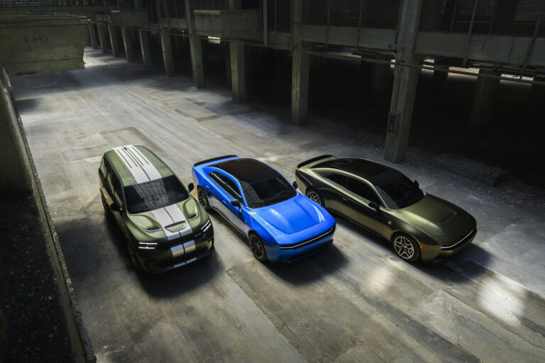 The 2026 model-year Dodge lineup includes (from left to right) the Dodge Durango SRT Hellcat Jailbreak, all-electric four-door Dodge Charger Daytona Scat Pack Plus and SIXPACK-powered Dodge Charger Scat Pack Plus.