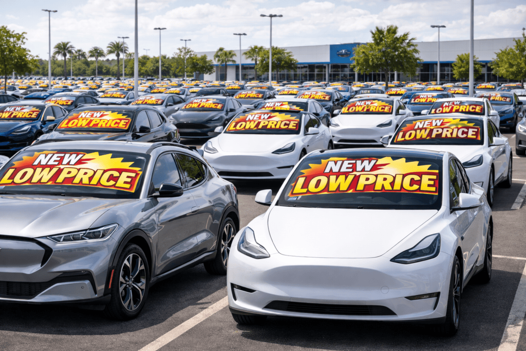 A large car lot with many EV vehicles for sale with stickers in the windshield saying NEw Low Price