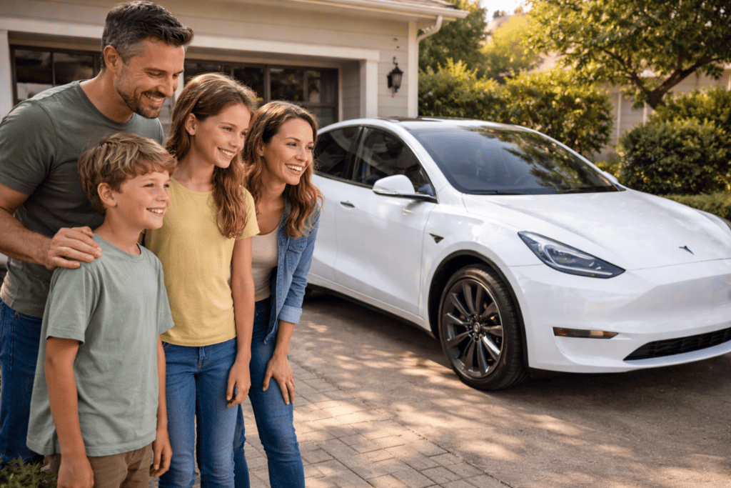 Young family with a Tesla model Y in their driveway