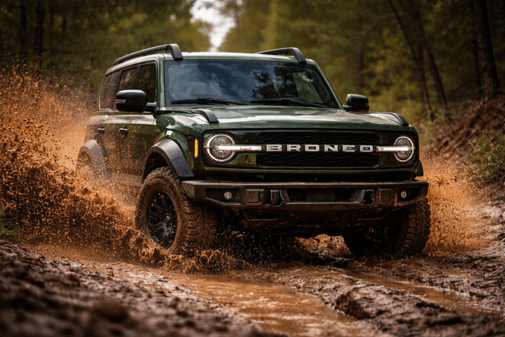Ford Bronco driving though a mud pit.