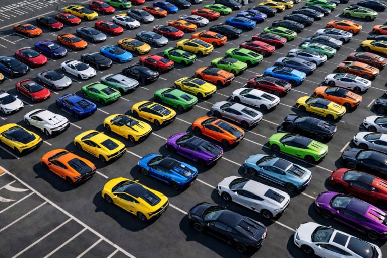 A large parking lot filled with colorful Lamborghinis