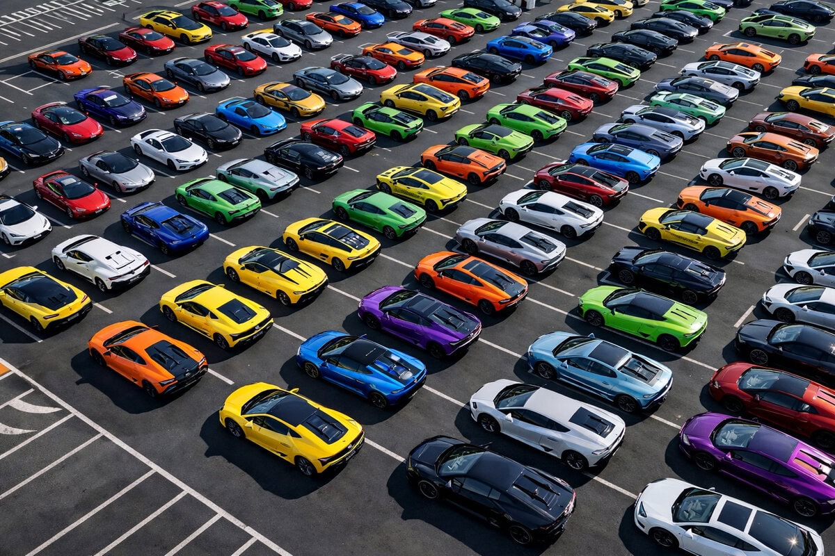A large parking lot filled with colorful Lamborghinis