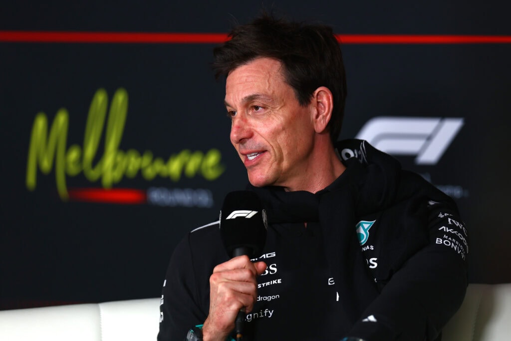 Mercedes' F1 boss Toto Wolf talking at a press conference