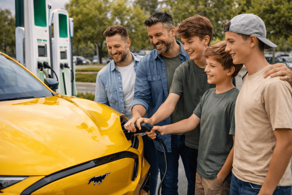 Family charging their Ford Mach-E