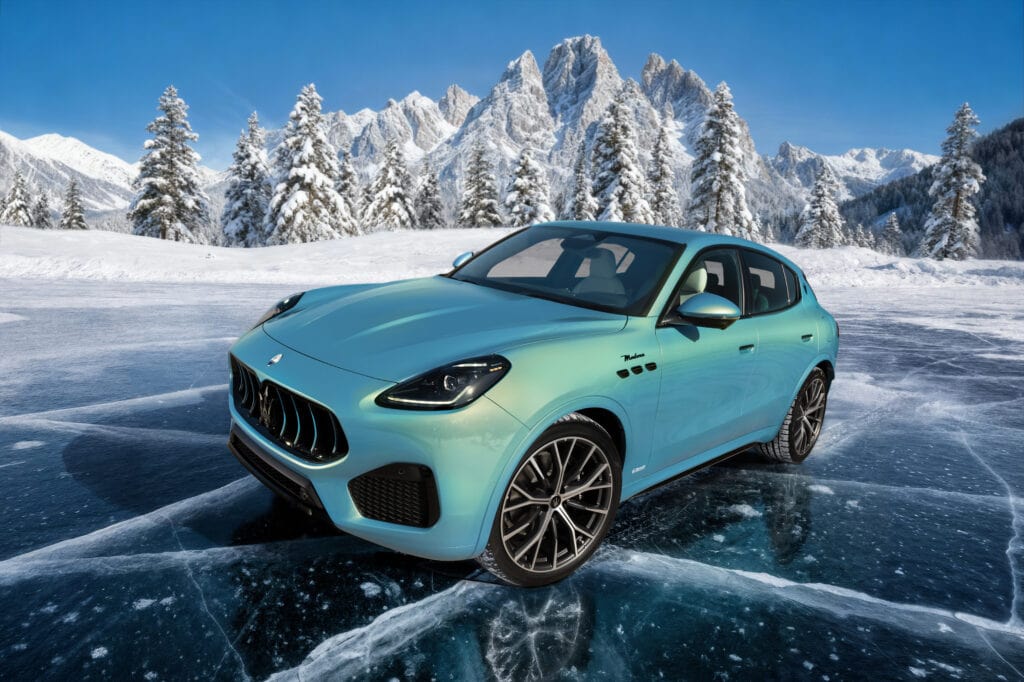 Maserati Grecale Cristallo parked on a frozen lake ahead of the Olympic games