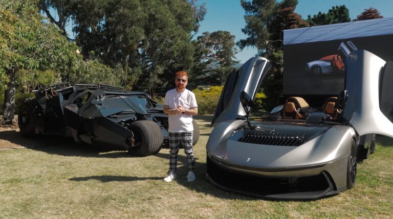 Nik Miles at Monterey with the Batmobile and Pininfarina B69
