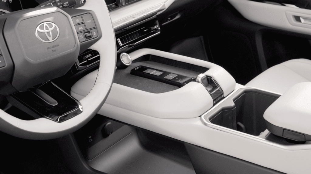The center console of the new 2027 Toyota Highlander 3-Row BEV