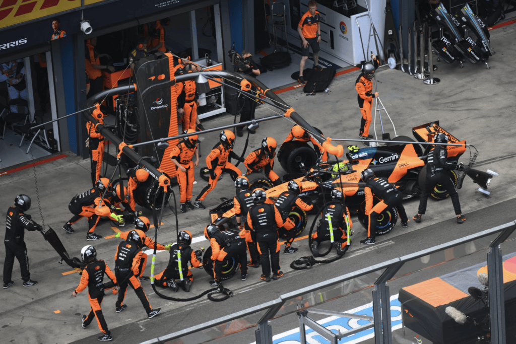 McLaren performs a pit stop during the Formula 1 season