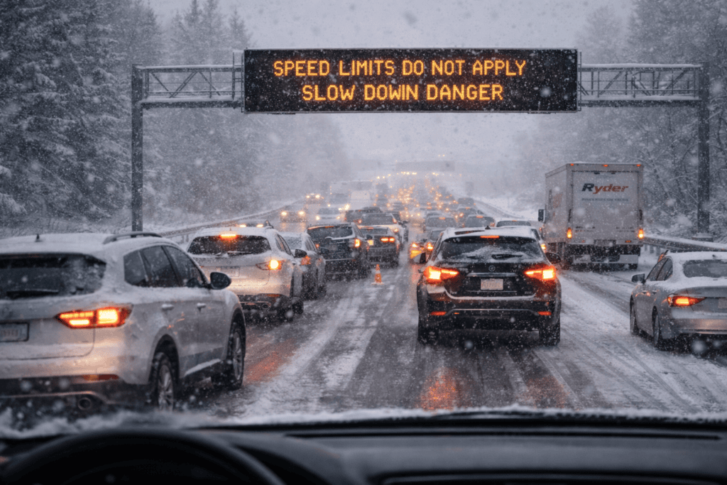 Speed limits don't apply in bad weather; drive slower.