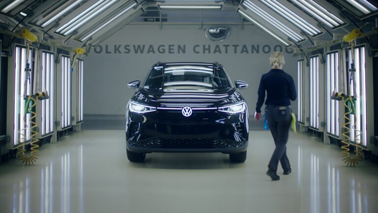 Volkswagen in the paint booth for inspection after being painted