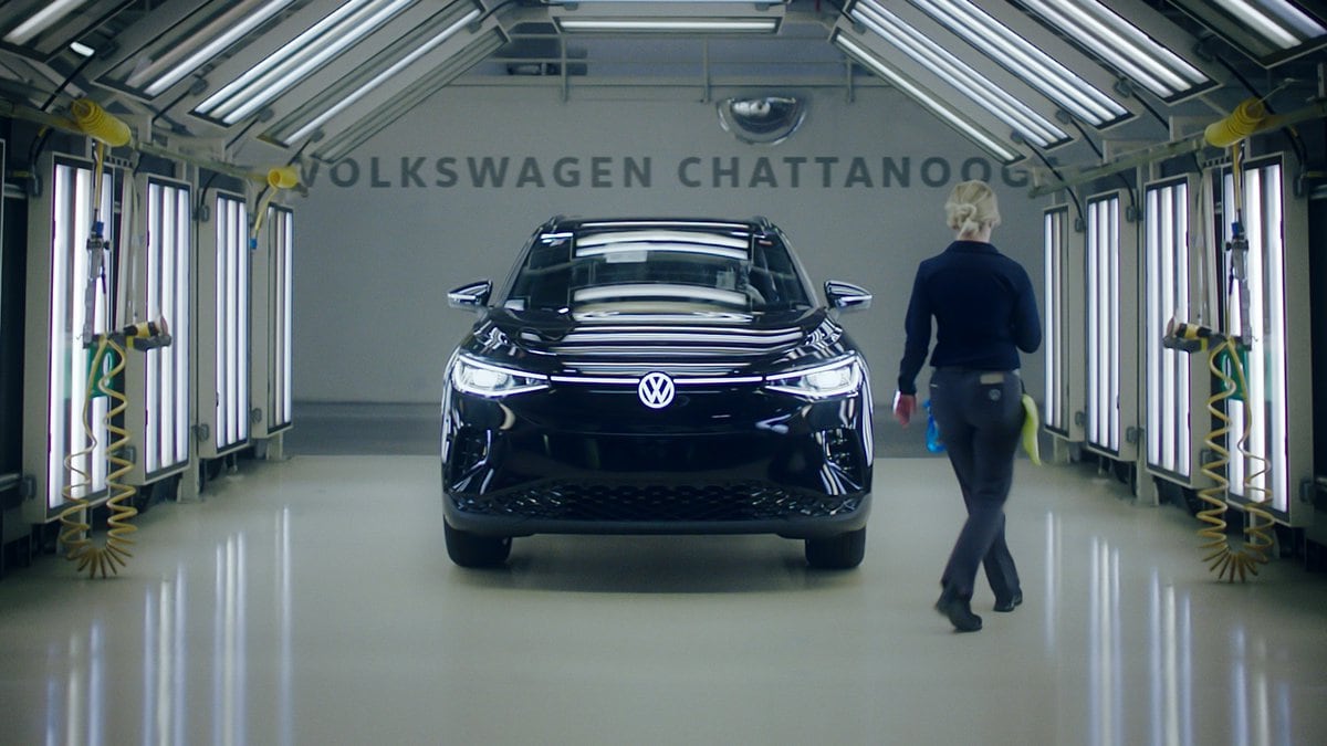 Volkswagen in the paint booth for inspection after being painted