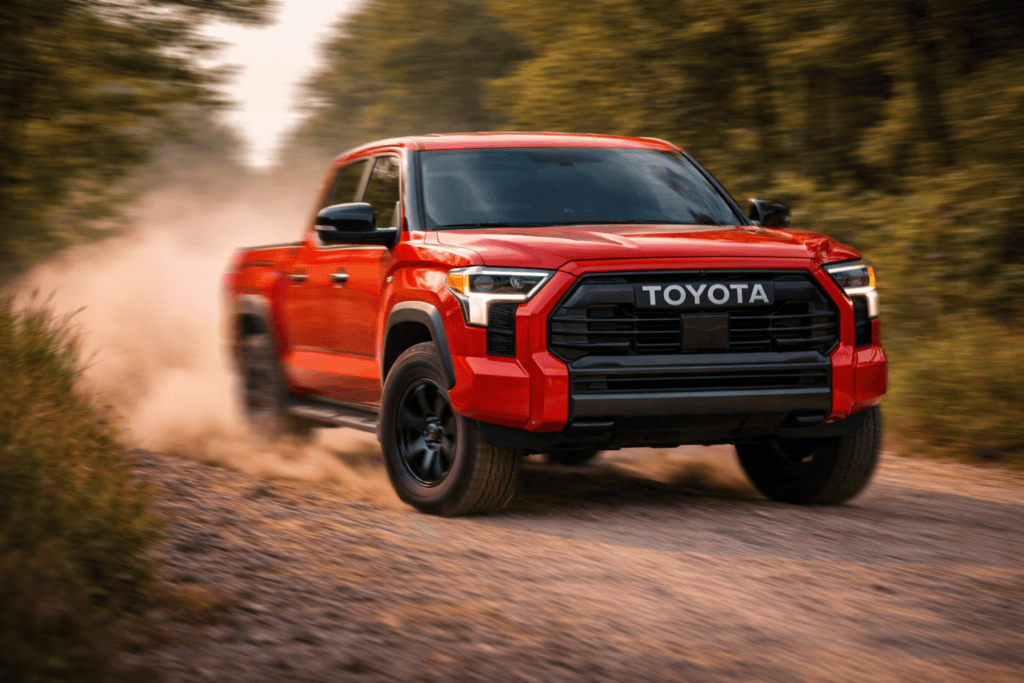 Toyota Tundra driving down a dirt road