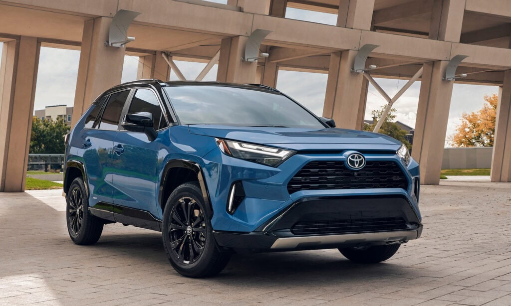 2025 Toyota RAV4 Hybrid parked on a rooftop parking garage.