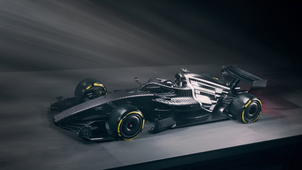 Front three-quarter view of Cadillac Formula 1 test livery.