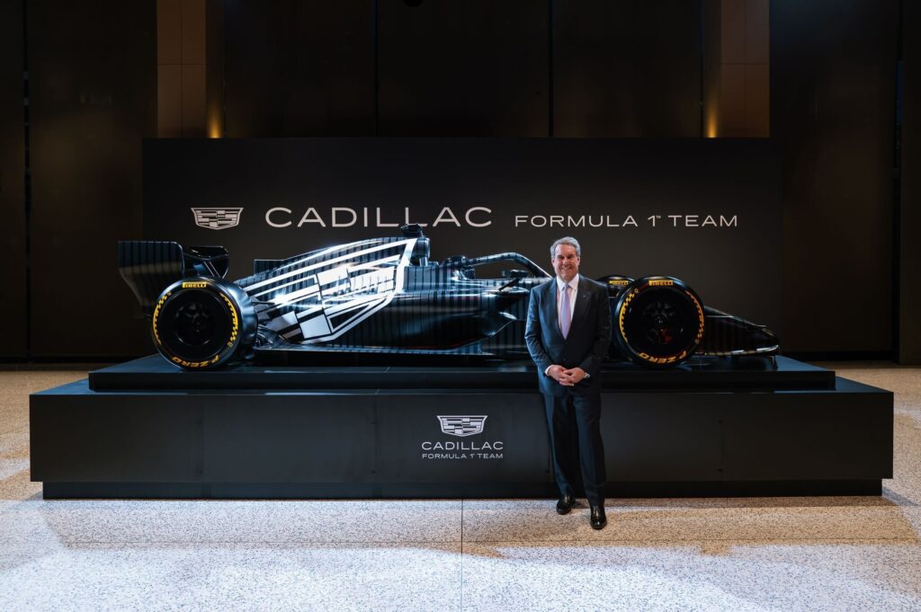 GM President Mark Reuss in front of Cadillac's 2026 Formula 1 Entry