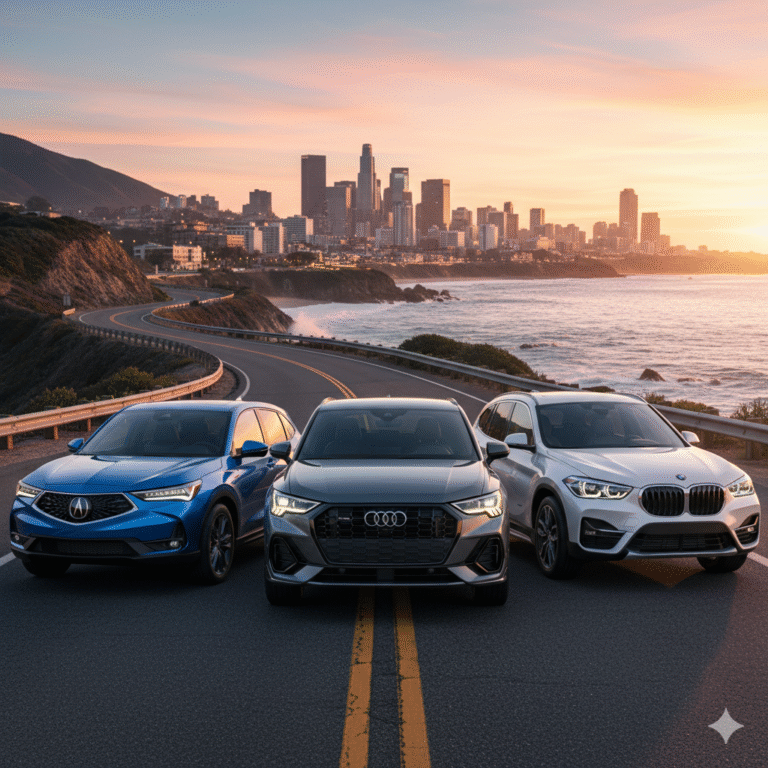 BMW X1 Audi Q3 and Acura ADX together on a road at sunset with a big city behind them