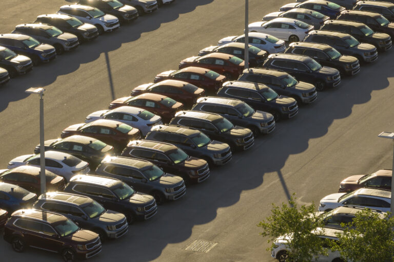 Rows of EVs are parked in a parking lot